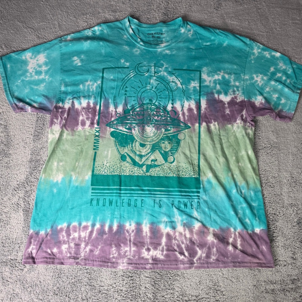 Chemistry Mens 2XL T-Shirt Teal Tie-Dye UFO Knowledge Is Power Graphic Tee